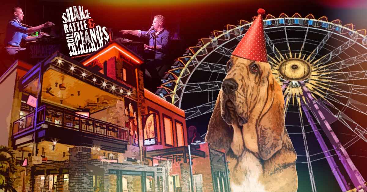 Collage style image featuring Ole Red Orlando's exterior, Ole Red's dog in a party hat, the Orlando EYE carousel, and Shake Rattle & Roll Dueling pianos.